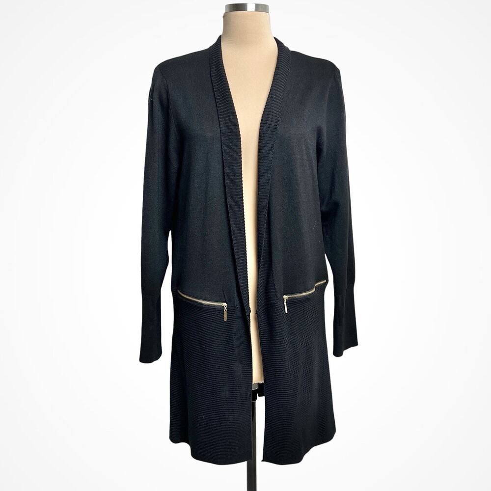 M Magaschoni Longline Cardigan Sweater XL Black Open Front Tunic Zip Pockets